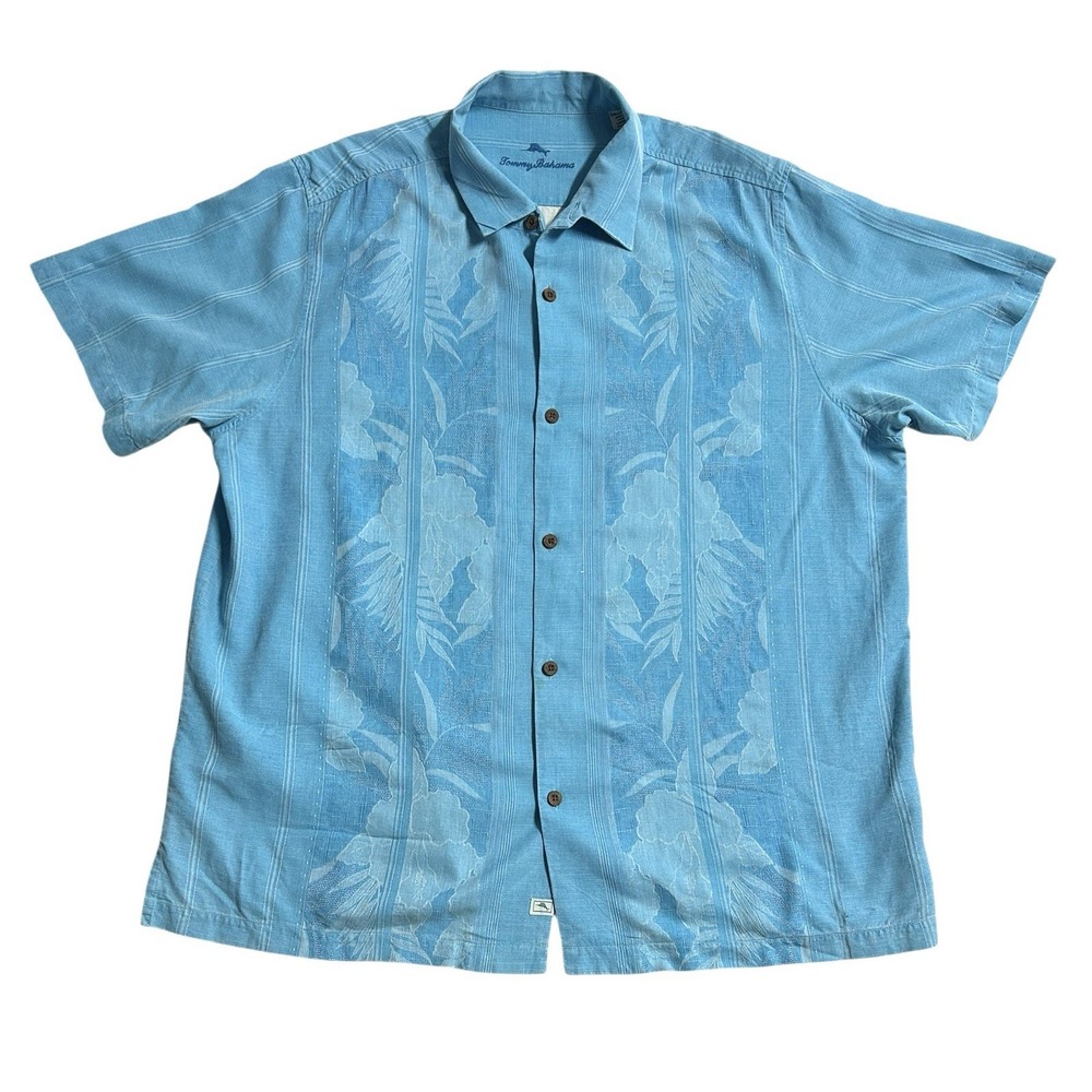 Tommy Bahama Tahitian Border Silk Camp Shirt Short Sleeve Button Down Blue XXL